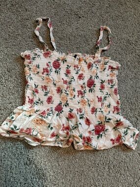 American Eagle Outfitters White Floral Smocked Cami with Pink & Peach Flowers